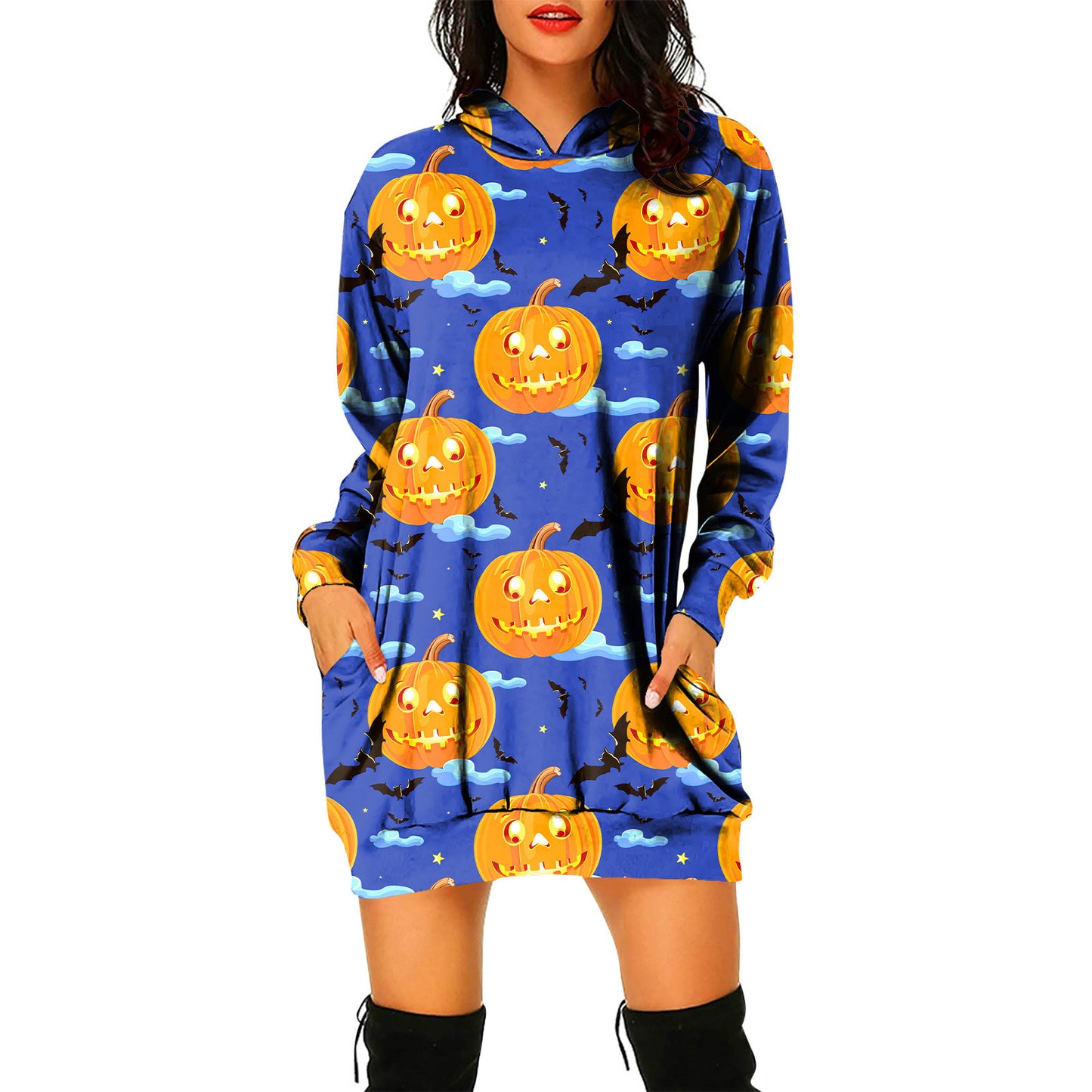 Halloween Theme Women's Pullover Hooded Sweater Dress