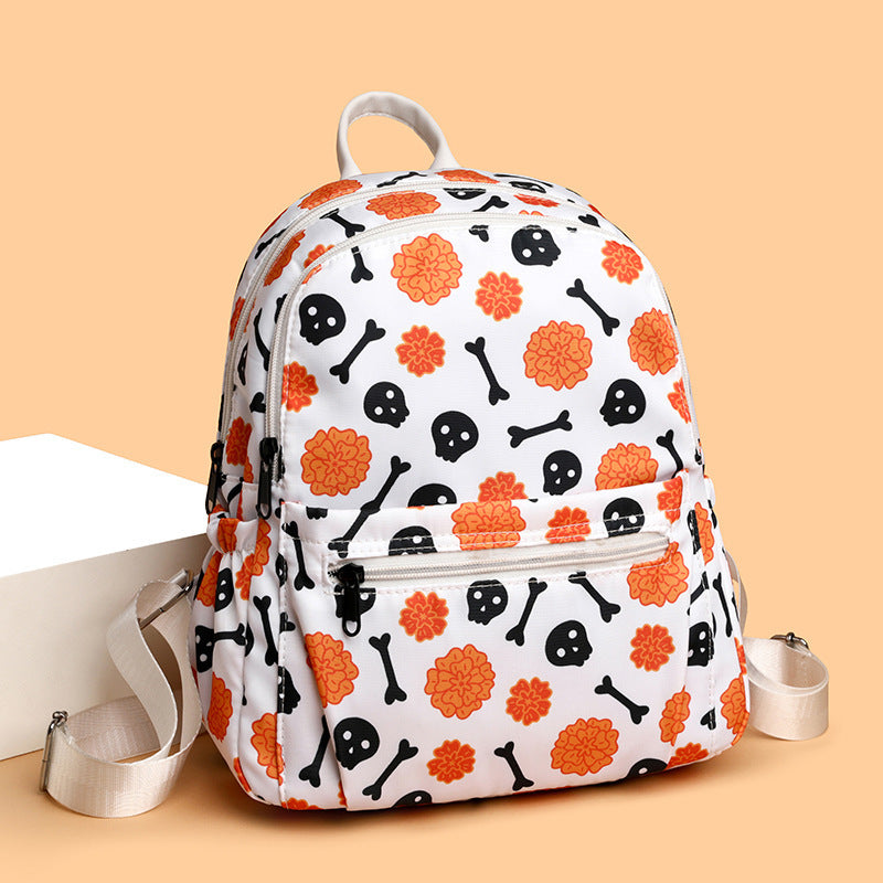 Mochila con estampado de calavera de Halloween para mujer, impermeable, de gran capacidad, con cremallera, con múltiples bolsillos, para compras y viajes