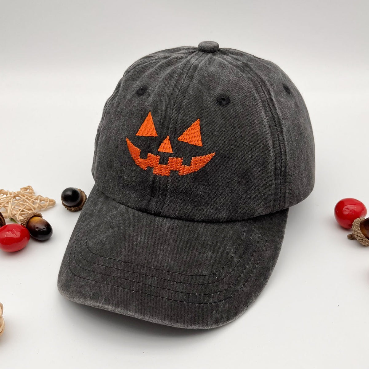 Washed Cotton Men's And Women's Casual Halloween Embroidery Pumpkin Smiley Baseball Cap