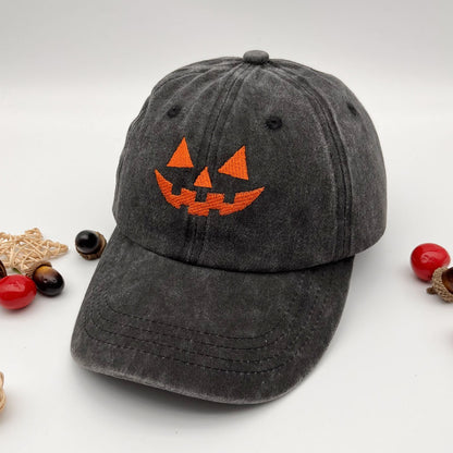 Gorra de béisbol informal de algodón lavado con bordado de calabaza sonriente para Halloween para hombres y mujeres