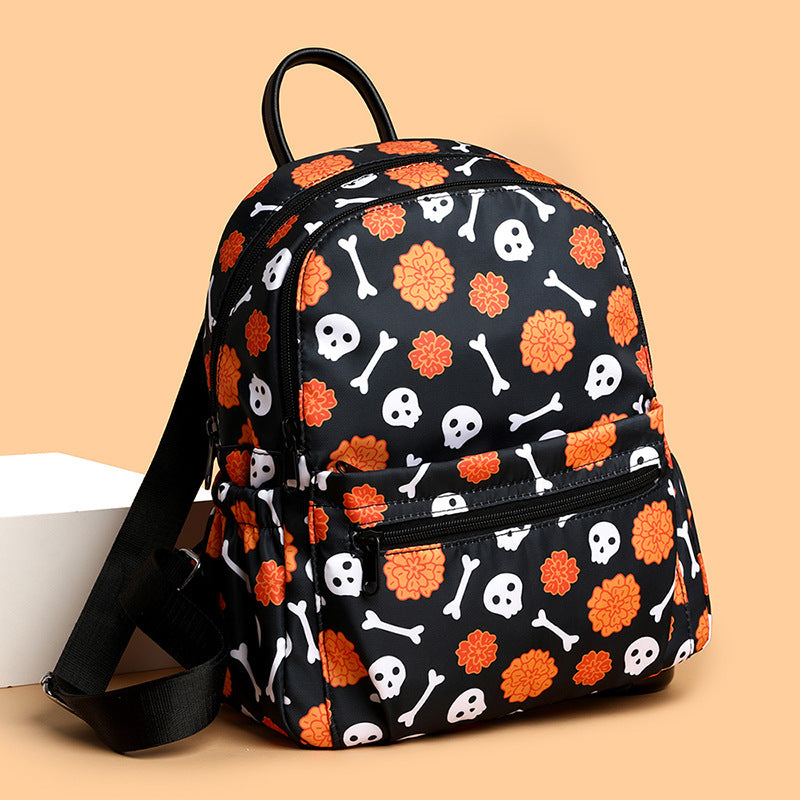 Mochila con estampado de calavera de Halloween para mujer, impermeable, de gran capacidad, con cremallera, con múltiples bolsillos, para compras y viajes