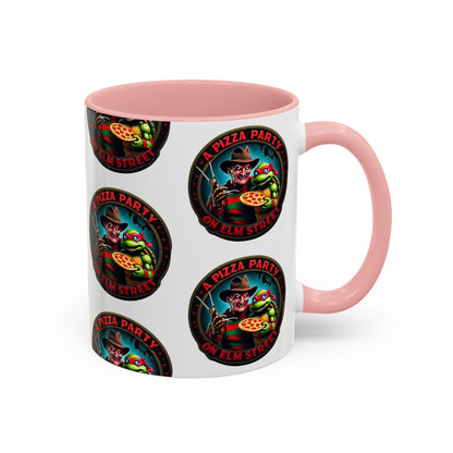 Taza de café decorativa con diseño de fiesta de pizza en Elm Street (11 y 15 oz)