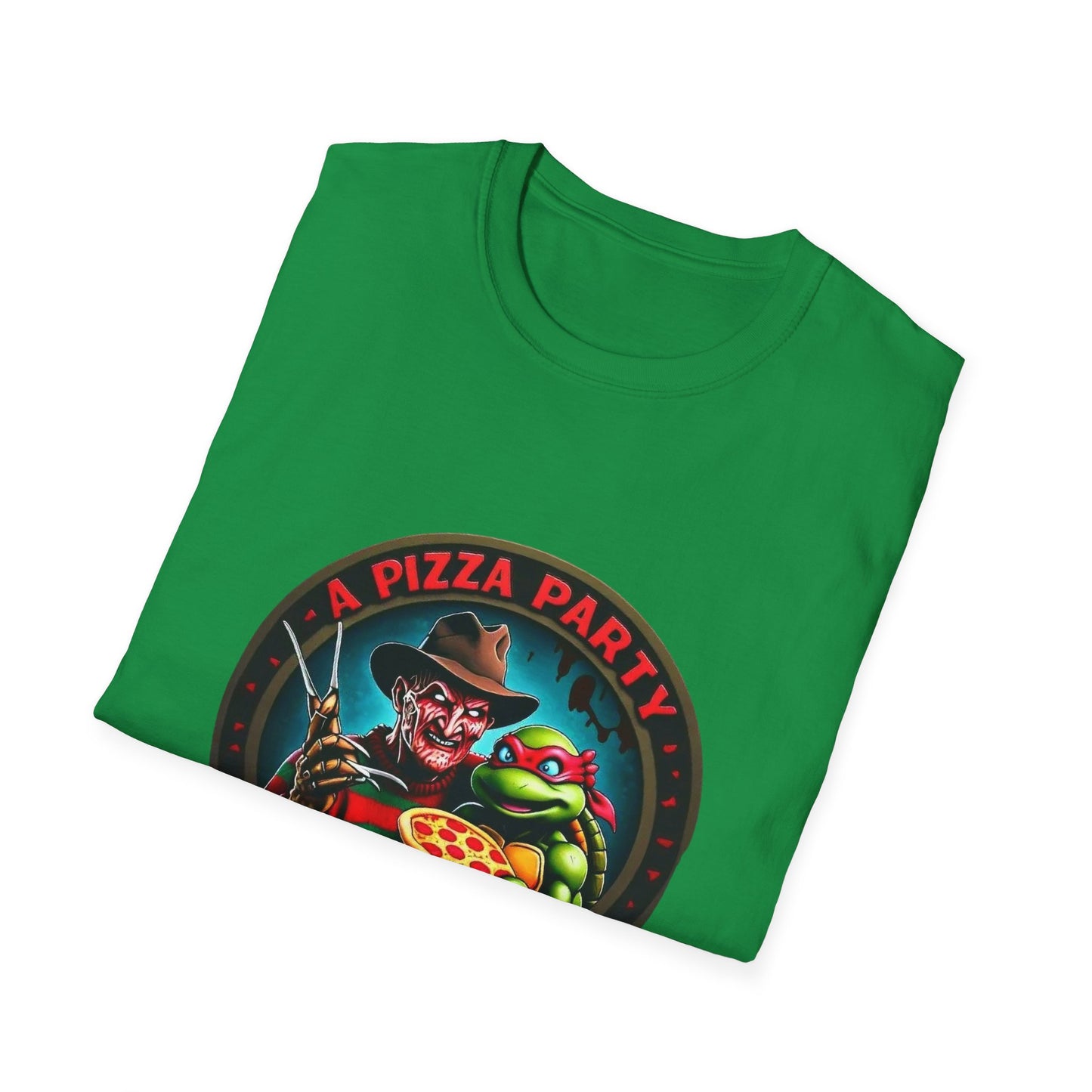 Camiseta unisex de estilo suave Una fiesta de pizza en Elm Street (parte delantera y trasera)