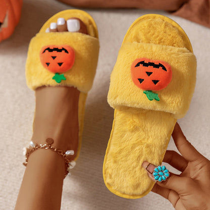 Halloween Cute Pumpkin Plush Slippers Home Indoor Open Toe Shoes Winter Warm Bedroom Slippers For Women Yellow