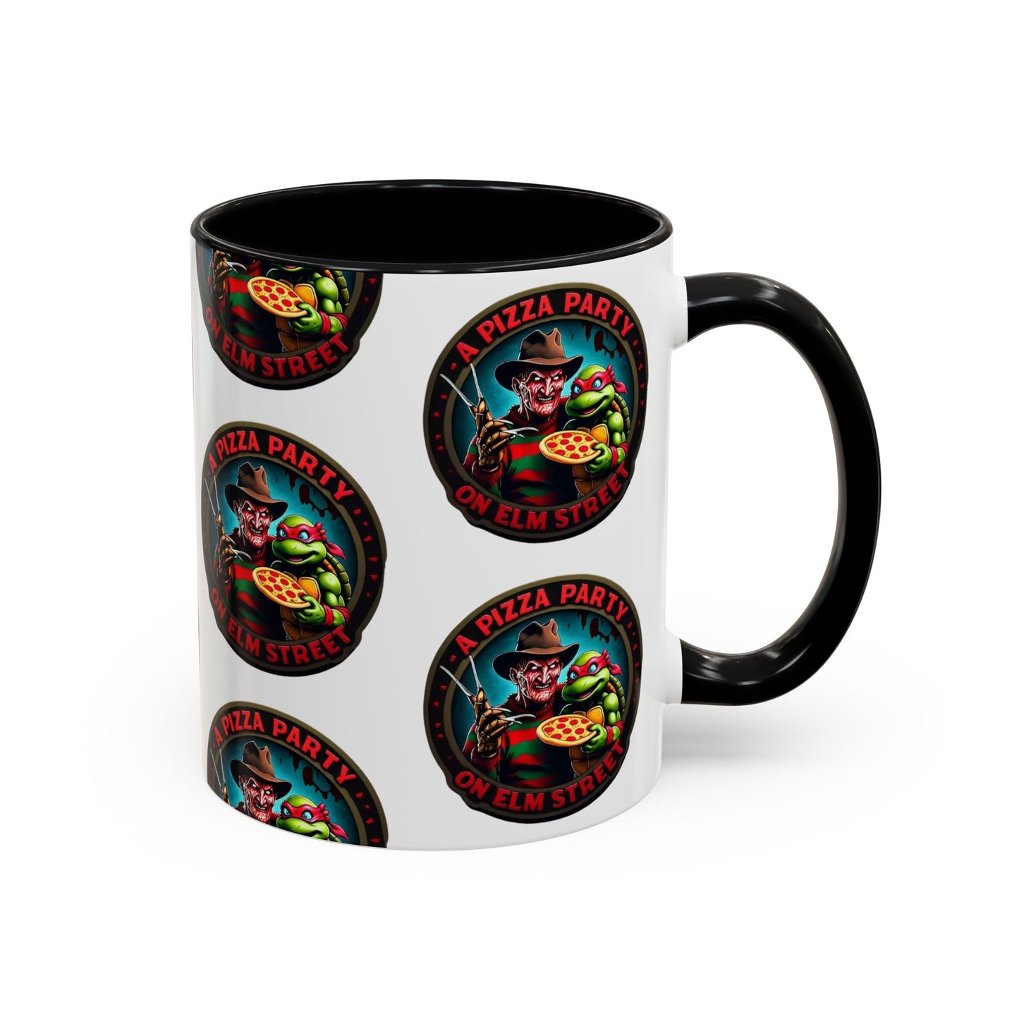 Taza de café decorativa con diseño de fiesta de pizza en Elm Street (11 y 15 oz)