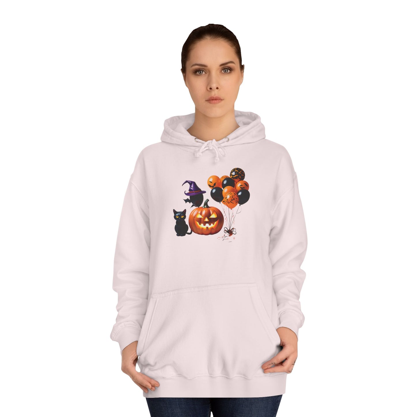 Sudadera unisex universitaria con capucha de gato negro y calabaza de Halloween