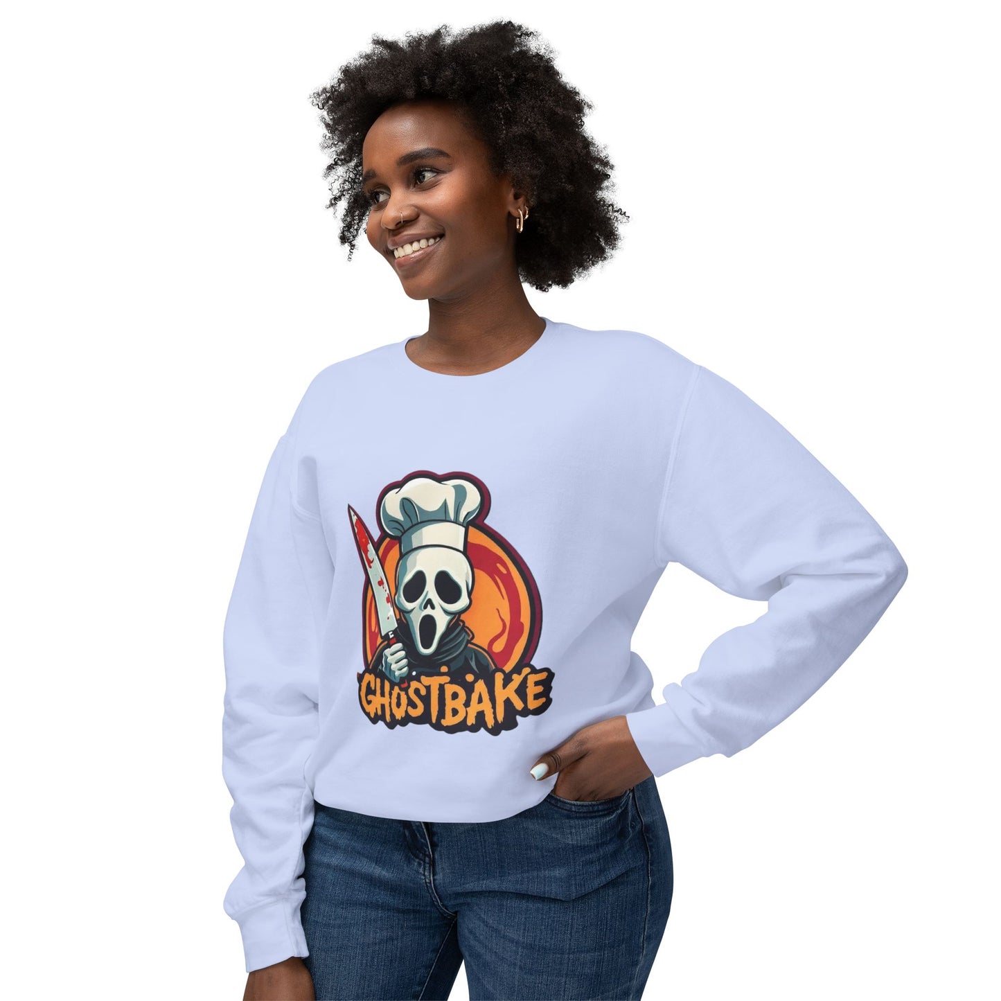 Sudadera unisex ligera con cuello redondo Ghostbake (delante y detrás)