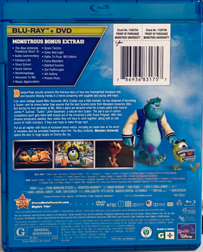 Monsters University (Blu-ray/DVD 2013) 3-Discs Disney Animation/Comedy En/Fr/Sp