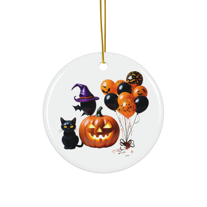 Halloween Pumpkin & Black Cat Ceramic Circle Ornament