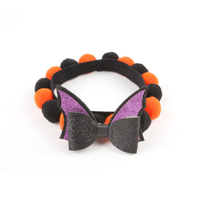 Halloween Pet Fur Ball Collar Pumpkin Accessories Purple Bow