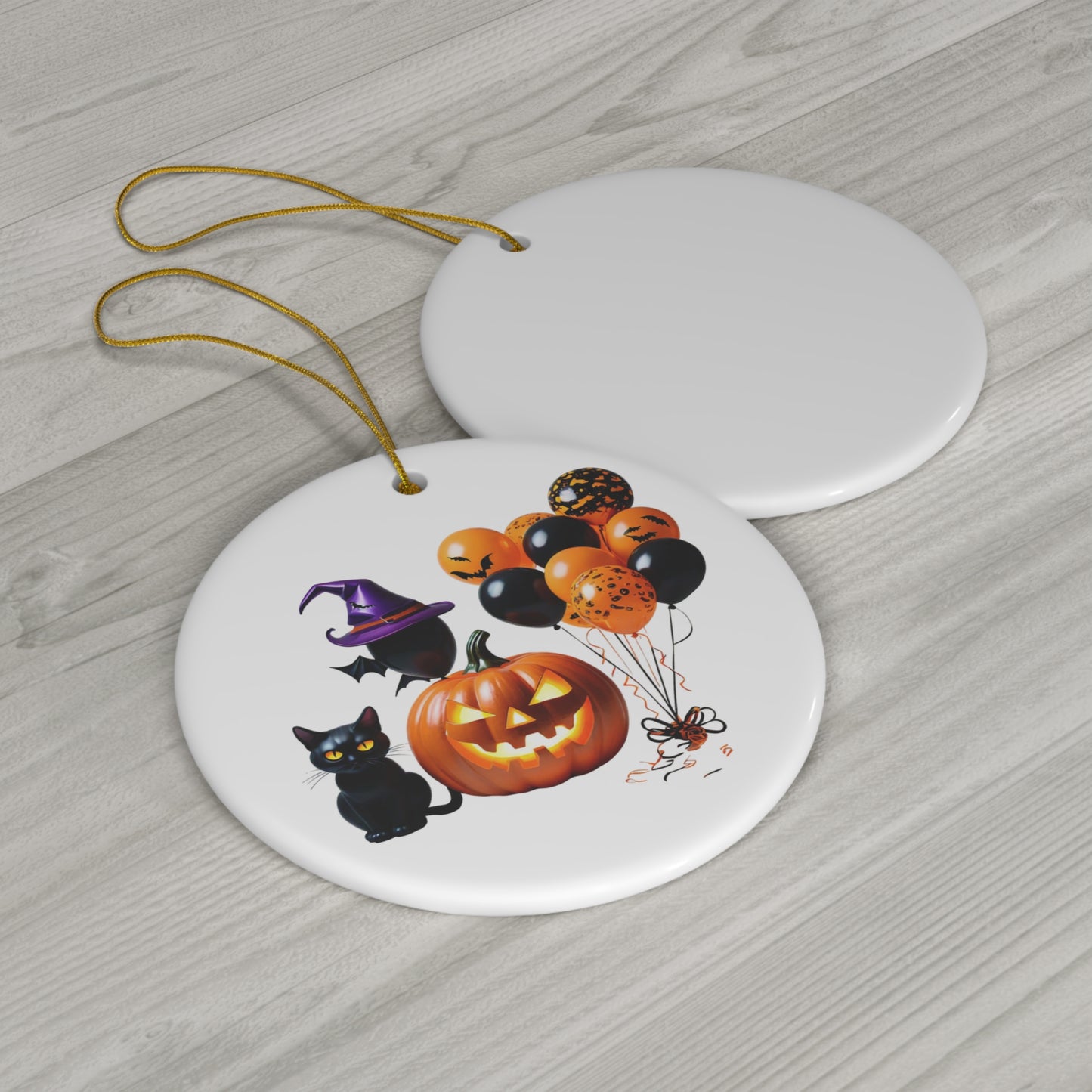 Adorno circular de cerámica con forma de calabaza y gato negro para Halloween