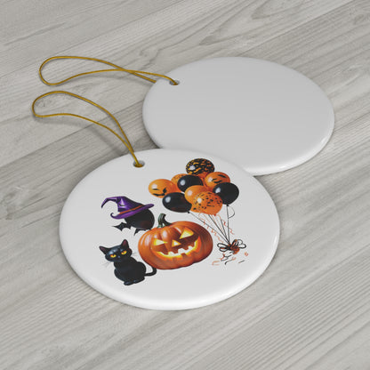 Halloween Pumpkin & Black Cat Ceramic Circle Ornament