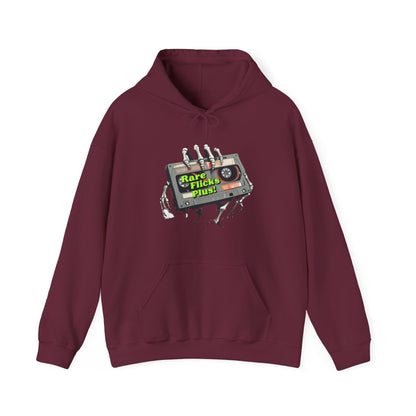 Sudadera unisex con capucha y mezcla pesada Rare Flicks Plus con logotipo alternativo en la parte delantera y en la parte trasera