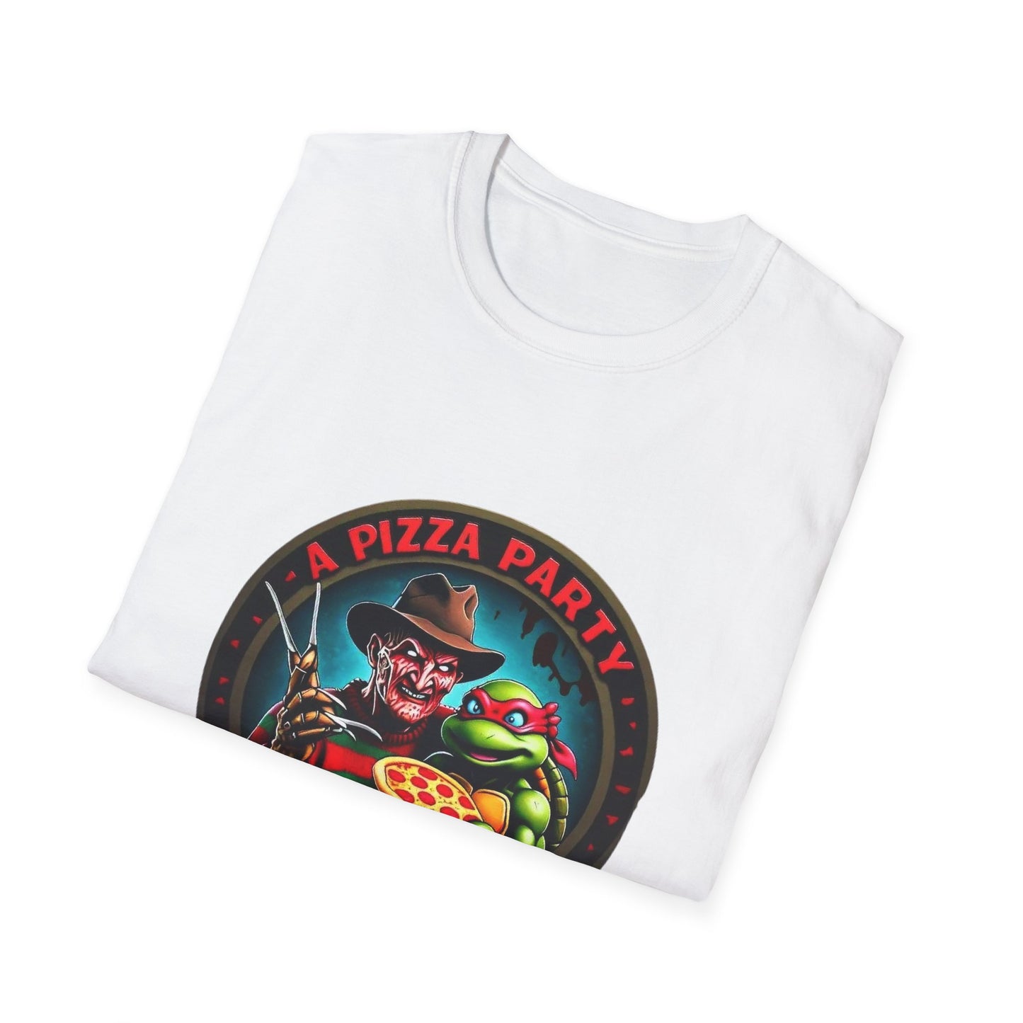 Camiseta unisex de estilo suave Una fiesta de pizza en Elm Street (parte delantera y trasera)