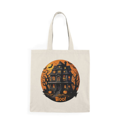 Bolsa de tela natural con diseño de casa encantada de Halloween