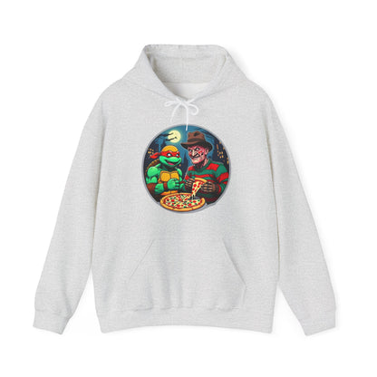 Sudadera unisex con capucha y mezcla pesada Una fiesta de pizza en Elm Street (diseño 2)