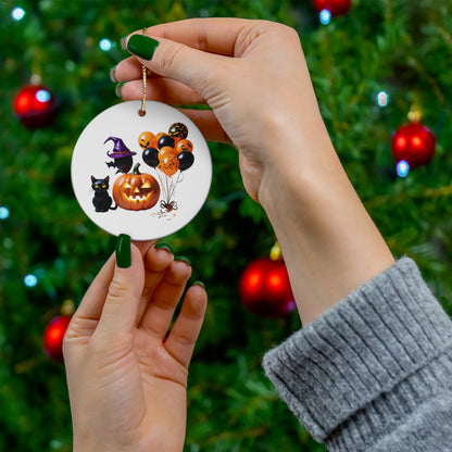 Halloween Pumpkin & Black Cat Ceramic Circle Ornament