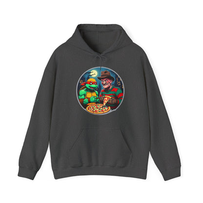 Sudadera unisex con capucha y mezcla pesada Una fiesta de pizza en Elm Street (diseño 2)