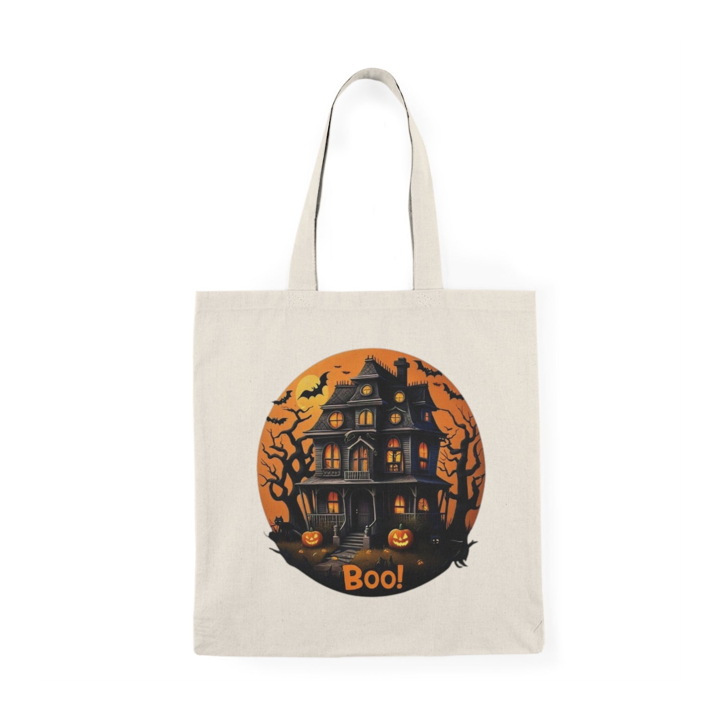 Bolsa de tela natural con diseño de casa encantada de Halloween