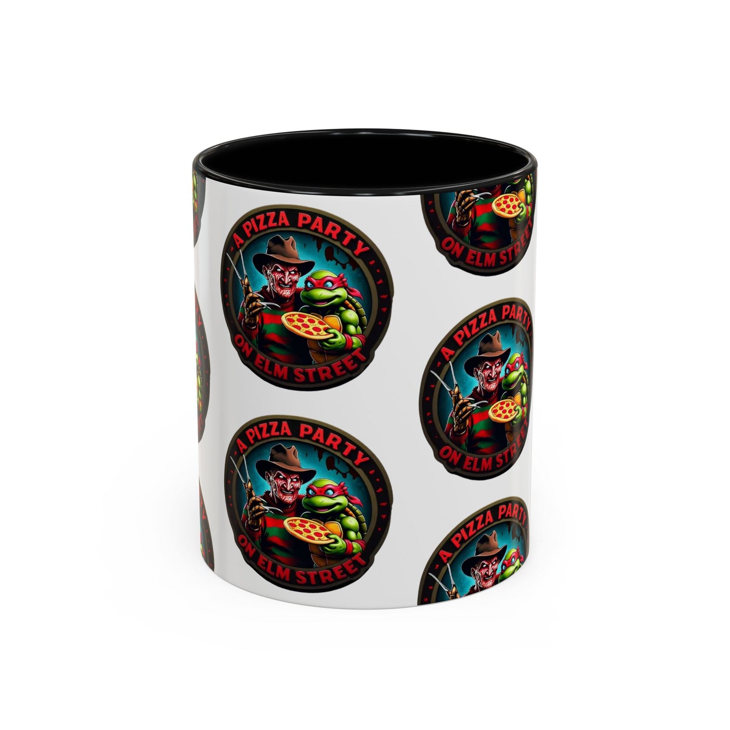 Taza de café decorativa con diseño de fiesta de pizza en Elm Street (11 y 15 oz)