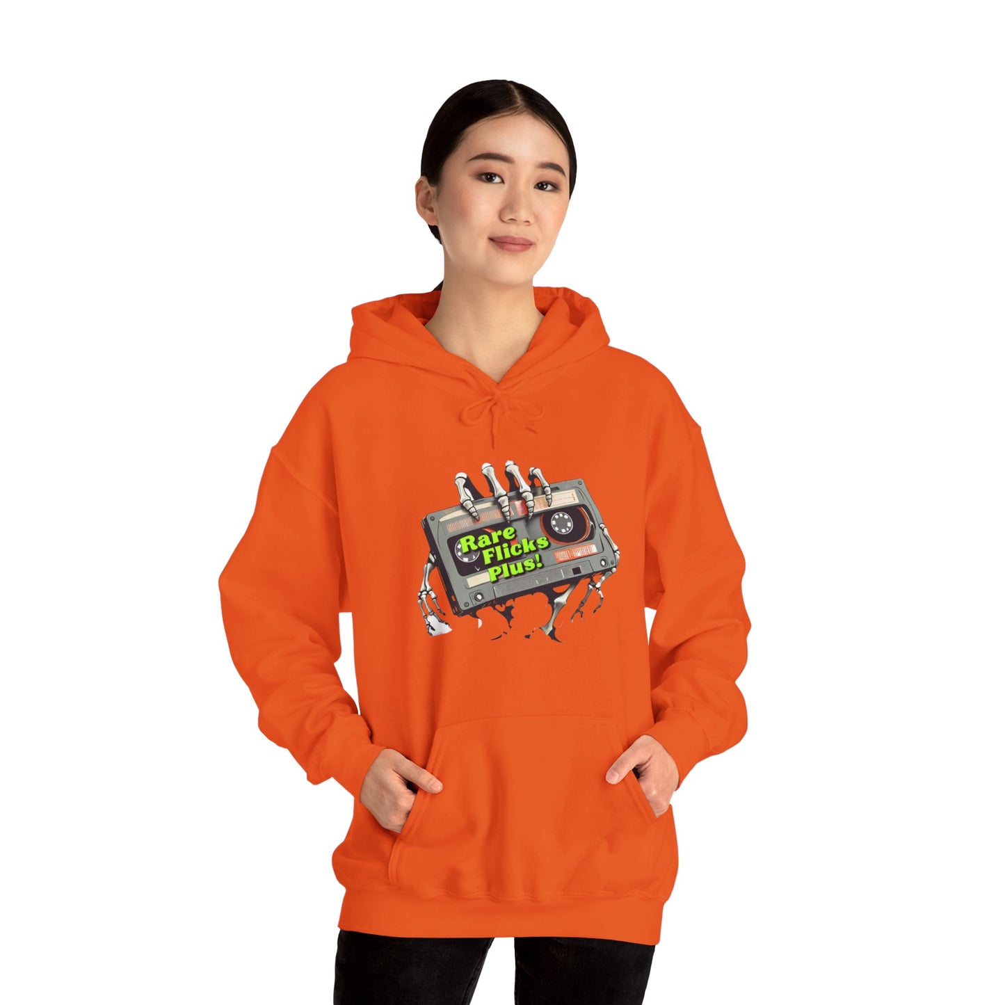 Sudadera unisex con capucha y mezcla pesada Rare Flicks Plus con logotipo alternativo en la parte delantera y en la parte trasera