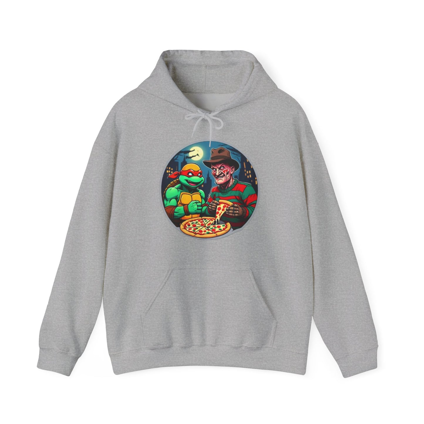 Sudadera unisex con capucha y mezcla pesada Una fiesta de pizza en Elm Street (diseño 2)