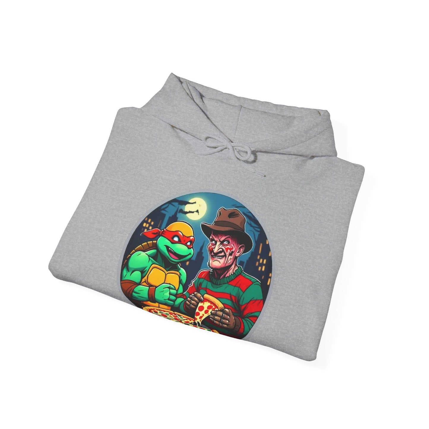 Sudadera unisex con capucha y mezcla pesada Una fiesta de pizza en Elm Street (diseño 2)