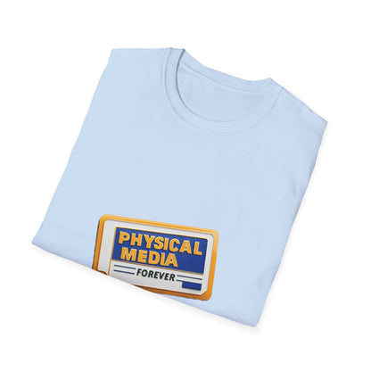 Camiseta unisex de estilo suave Physical Media Forever con logotipo ALT RFP en la espalda