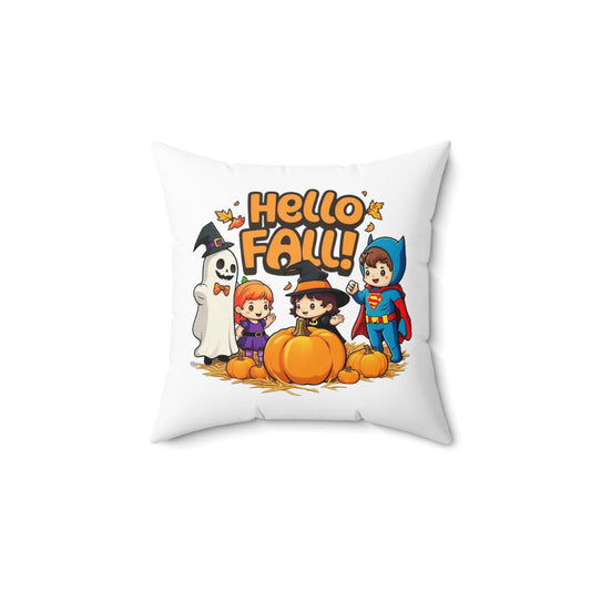 Hola otoño (frente) Pun-Kin Pie (parte posterior) Almohada cuadrada de poliéster hilado