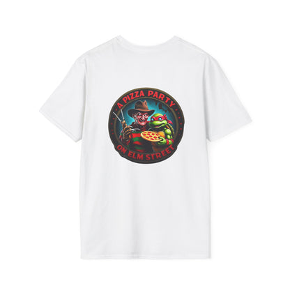 Camiseta unisex de estilo suave Una fiesta de pizza en Elm Street (parte delantera y trasera)