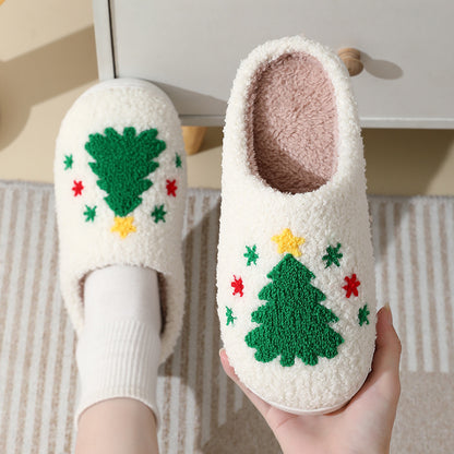 Zapatillas de casa navideñas con bonitos dibujos de Papá Noel, zapatillas de algodón para mujeres y hombres, zapatos cálidos y peludos para el invierno