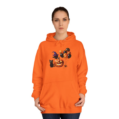 Sudadera unisex universitaria con capucha de gato negro y calabaza de Halloween