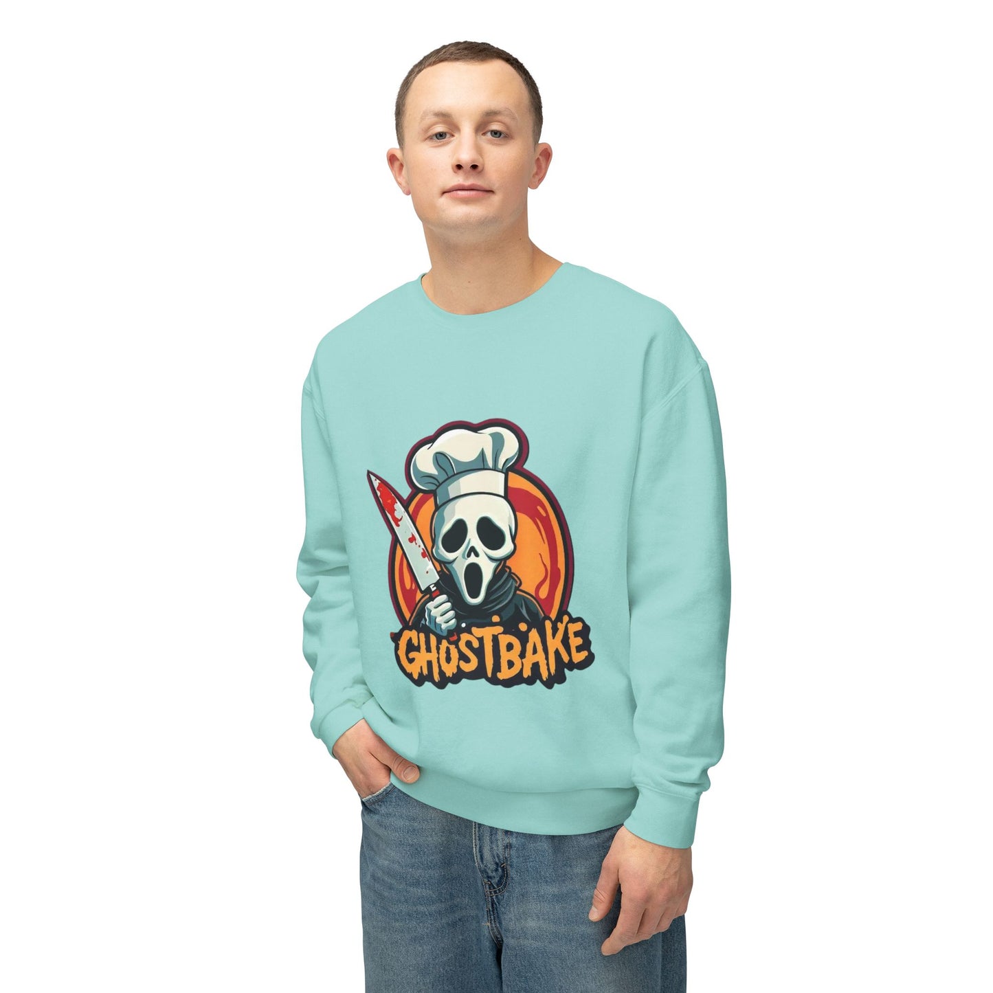 Sudadera unisex ligera con cuello redondo Ghostbake (delante y detrás)