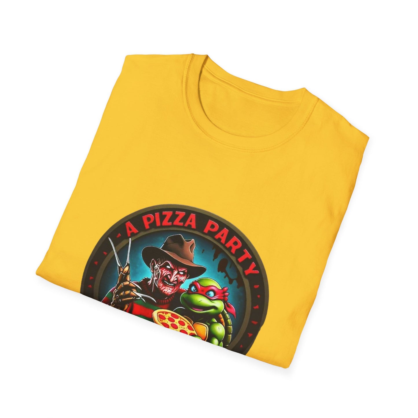 Camiseta unisex de estilo suave Una fiesta de pizza en Elm Street (parte delantera y trasera)