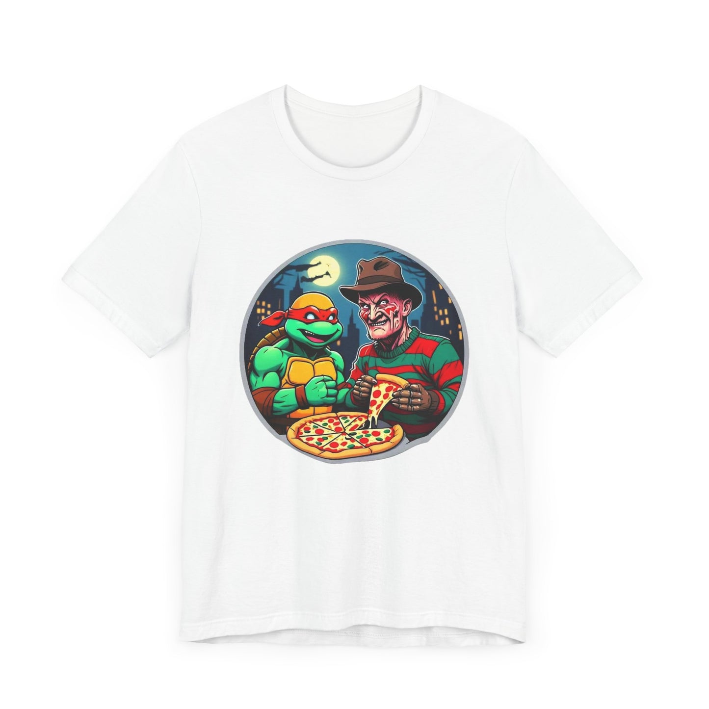 Camiseta de manga corta unisex Una fiesta de pizza en Elm Street (diseño 2)