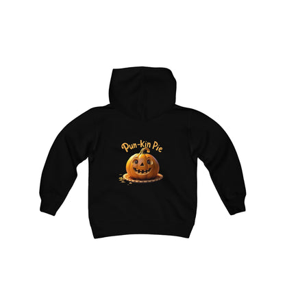 Sudadera con capucha de mezcla pesada para jóvenes Hello Fall (frente) Pun-Kin Pie (parte posterior)