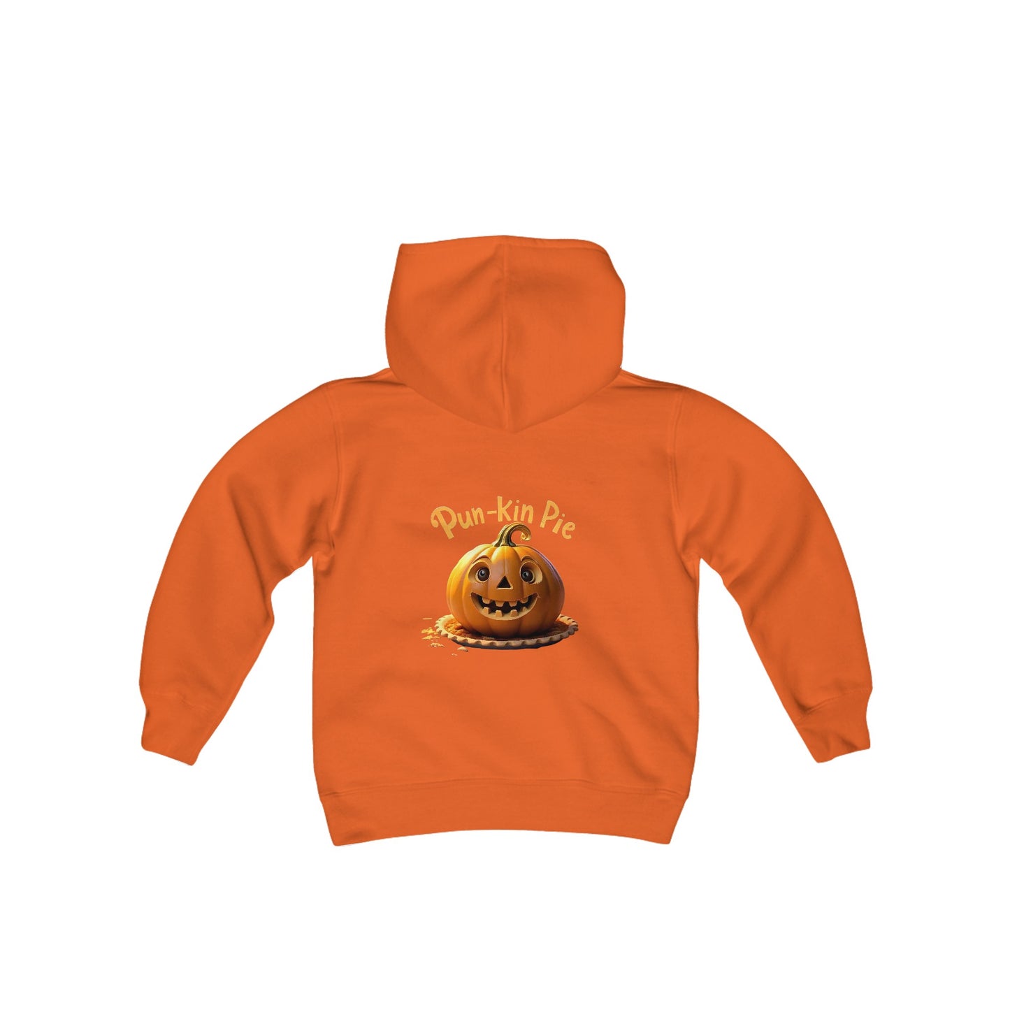 Sudadera con capucha de mezcla pesada para jóvenes Hello Fall (frente) Pun-Kin Pie (parte posterior)