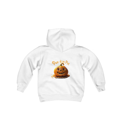 Sudadera con capucha de mezcla pesada para jóvenes Hello Fall (frente) Pun-Kin Pie (parte posterior)