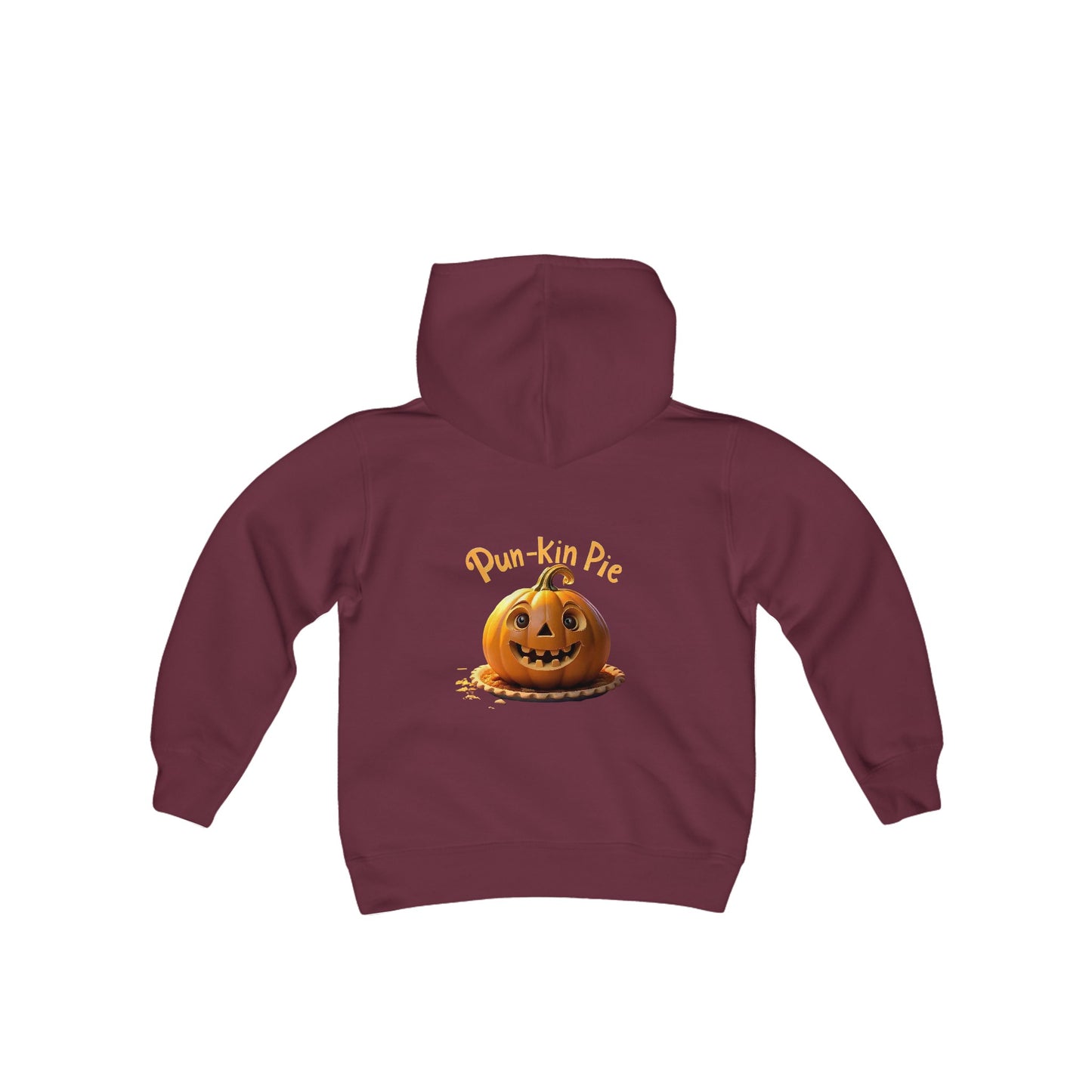 Sudadera con capucha de mezcla pesada para jóvenes Hello Fall (frente) Pun-Kin Pie (parte posterior)