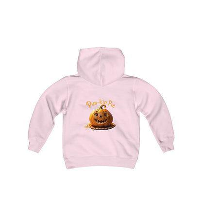 Sudadera con capucha de mezcla pesada para jóvenes Hello Fall (frente) Pun-Kin Pie (parte posterior)