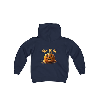 Sudadera con capucha de mezcla pesada para jóvenes Hello Fall (frente) Pun-Kin Pie (parte posterior)