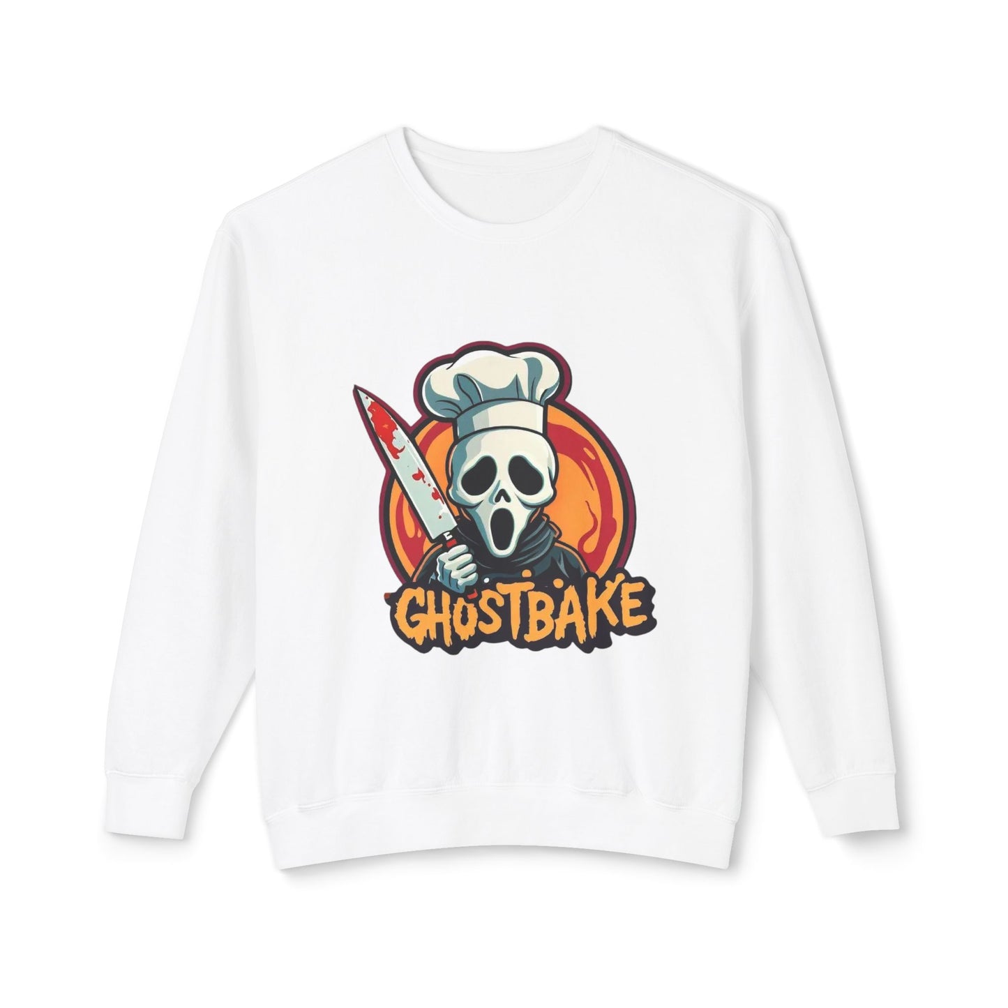 Sudadera unisex ligera con cuello redondo Ghostbake (delante y detrás)