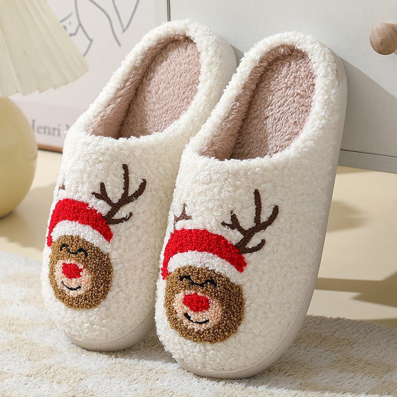 Zapatillas de casa navideñas con bonitos dibujos de Papá Noel, zapatillas de algodón para mujeres y hombres, zapatos cálidos y peludos para el invierno