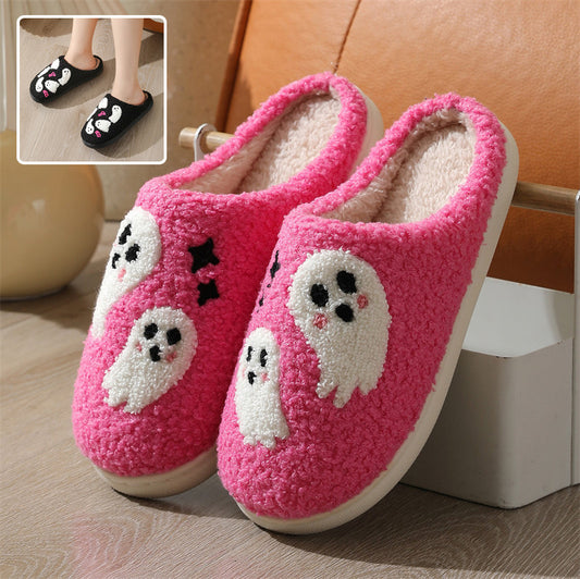 Pantuflas de algodón con dibujos de fantasmas de Halloween para mujer, pantuflas antideslizantes para el suelo del dormitorio, zapatos de casa de invierno