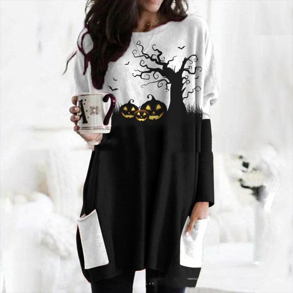 Halloween Pumpkin Stitching Long Sleeve Dress