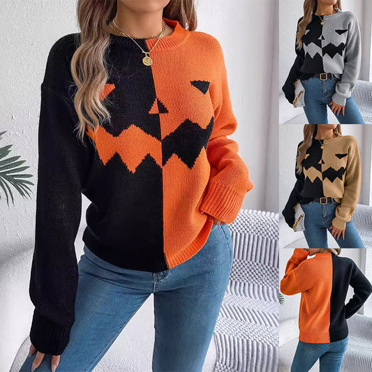 Suéter de punto de manga larga con contraste de colores para Halloween, ropa de mujer a la moda