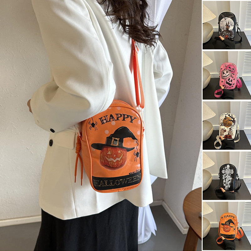 Bolso de teléfono con grafiti de Halloween para niñas, divertido bolso cruzado con estampado de murciélago fantasma y calabaza de dibujos animados para mujeres, mini bolsos de hombro creativos con personalidad