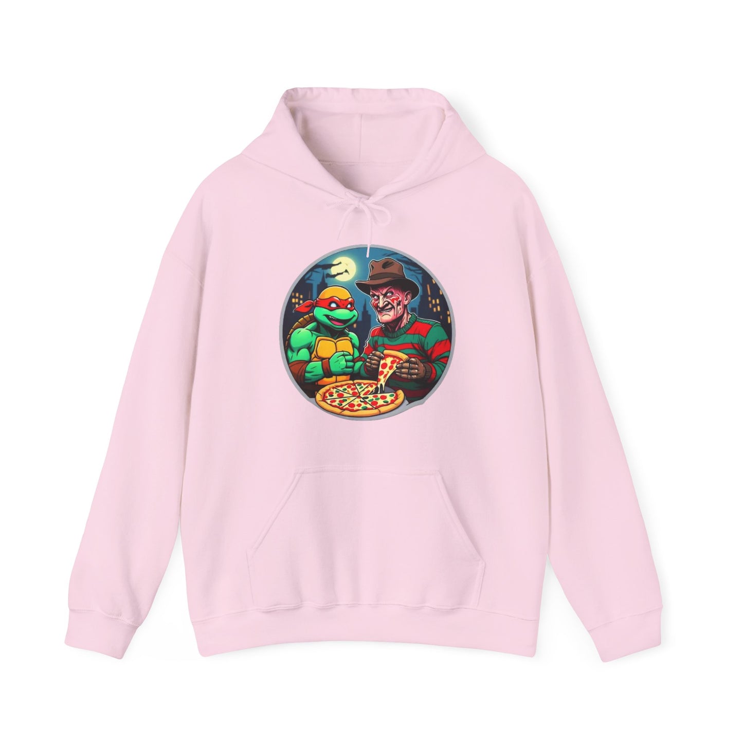 Sudadera unisex con capucha y mezcla pesada Una fiesta de pizza en Elm Street (diseño 2)