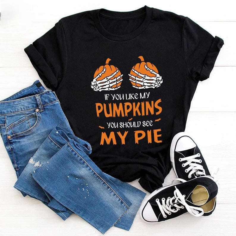 Autumn And Winter New Fashion Women's Clothing Halloween Pumpkin Skull Print T-shirt Black