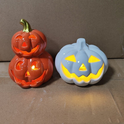 Lámpara de calabaza de Halloween con calavera luminosa de cerámica decorativa